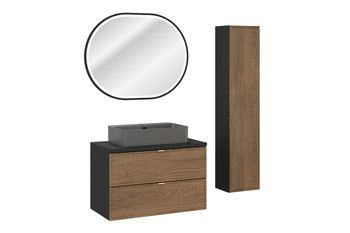 Zestaw mebli łazienkowych Talia Casella 80cm z blatem, umywalką nablatową Trust, szafką wysoką i lustrem LED – set-tc b black 80cm un trust dg hc