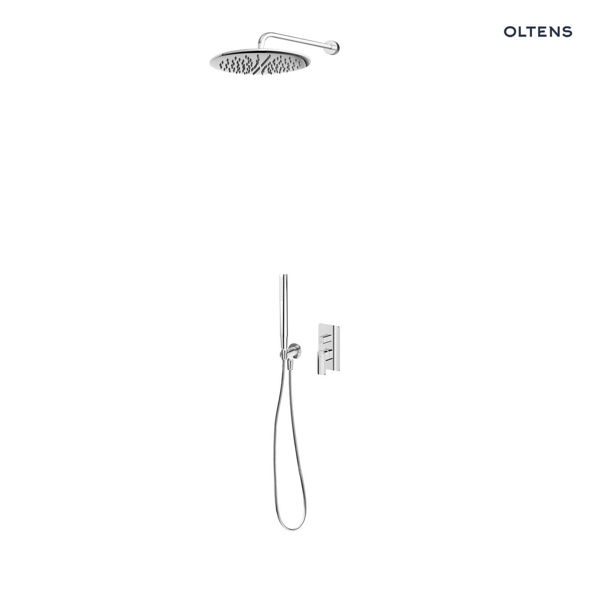 Zestaw Oltens Hadsel bateria wannowo-prysznicowa podtynkowa z deszczownicą 30 cm Sondera i kompletem prysznicowym Ume chrom (34108100, 37002100, 39400100, 37102100, 37200100, 39304100)