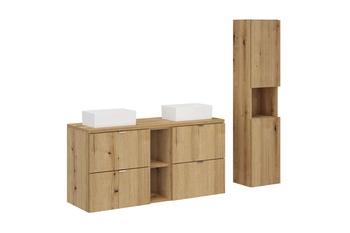 Zestaw mebli łazienkowych Nova Oak 120cm z blatem, 2 umywalkami nablatowymi Gaja i szafką wysoką – SET-NOA B OAK 120CM UN GAJA SW HC LR