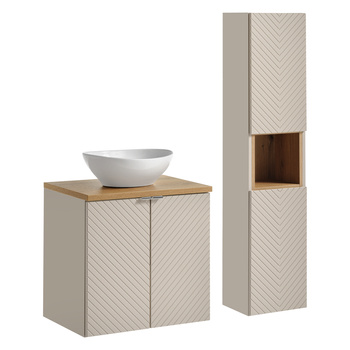 Zestaw mebli łazienkowych Viva Cashmere 60cm z blatem, umywalką nablatową Lola i szafką wysoką – SET-VIC B OAK 60CM D UN LOLA GW HC