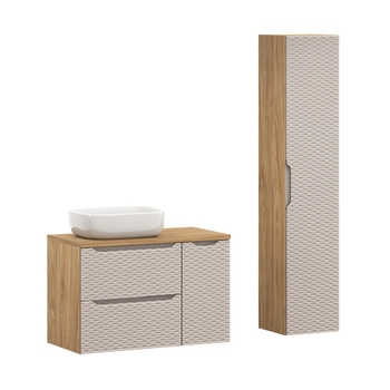 Zestaw mebli łazienkowych Ocean Beige 90cm z blatem, umywalką nablatową Smile i szafką wysoką – set-ocb b 90cm s un smile 50 hc1d