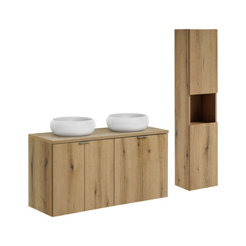 Zestaw mebli łazienkowych Nova Oak 120cm z blatem, 2 umywalkami nablatowymi Wiki i szafką wysoką – set-noa b oak 120cm d un wiki sw hc