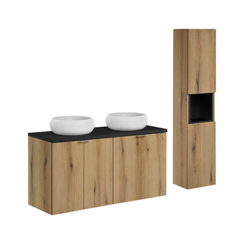 Zestaw mebli łazienkowych Nova Oak 120cm z blatem, 2 umywalkami nablatowymi Wiki i szafką wysoką – set-noa b black 120cm d un wiki sw hc