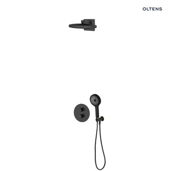 Oltens Katla zestaw bateria wannowo-prysznicowa podtynkowa z deszczownicą Vann i słuchawką 3 funkcyjną Havis EasyClick czarny mat 36062300