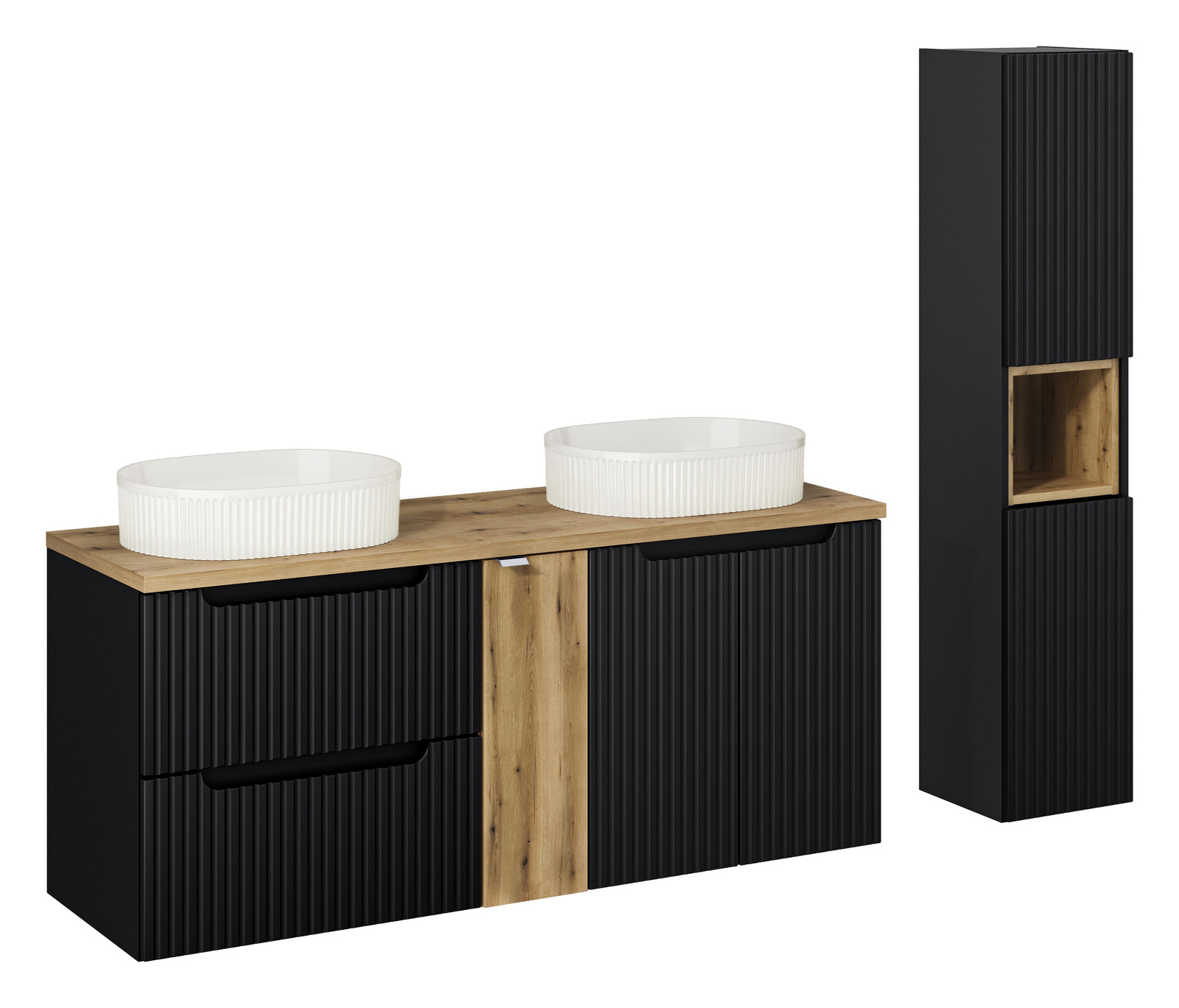 Zestaw meblowy 140cm z blatem, 2 umywalkami nablatowymi Beyond i szafką wysoką set-nob b oak 140cm un beyond 5 wh hc