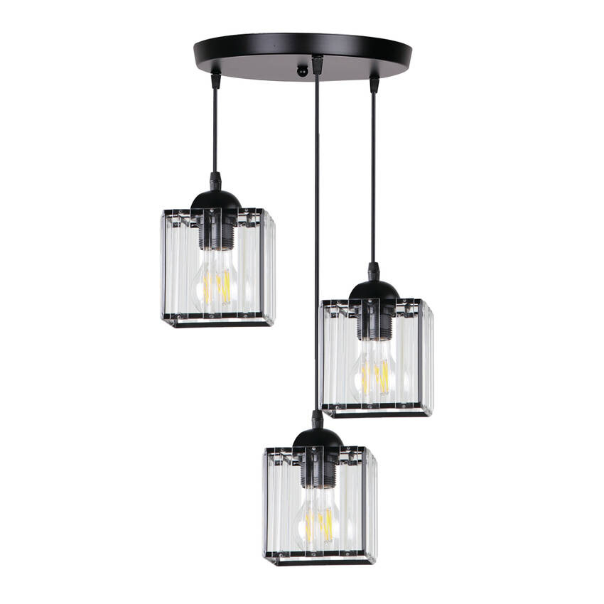 Glassia Lampa Wiszca Talerz Czarny 3X40 E27 Klosz Czarny+Krysztay Bezbarwne