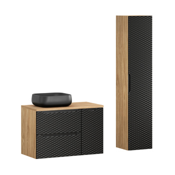Zestaw mebli łazienkowych Ocean Black 90cm z blatem, umywalką nablatową Nika i szafką wysoką – set-ocbl b 90cm s un nika hc1d