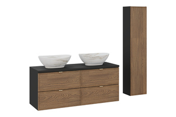 Zestaw mebli łazienkowych Talia Casella 120cm z blatem, 2 umywalkami nablatowymi Pati i szafką wysoką – set-tc b black 120cm un pati hc