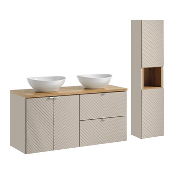 Zestaw mebli łazienkowych Viva Cashmere 120cm z blatem, 2 umywalkami nablatowymi Lola i szafką wysoką – set-vic b oak 120cm d/s un lola gw hc