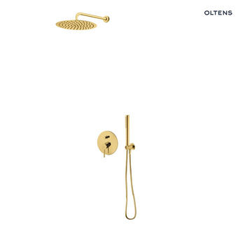 Zestaw Oltens Molle bateria wannowo-prysznicowa podtynkowa z deszczownicą 30 cm Vindel i kompletem prysznicowym złoto szczotkowane 36632810