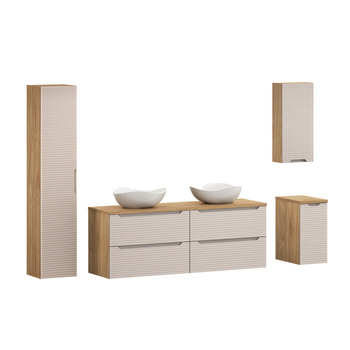 Zestaw mebli łazienkowych Luxor Beige 160cm z blatem, 2 umywalkami nablatowymi Cloud i szafką wysoką – set-lxb b 160cm s un cloud hc1d lc uc