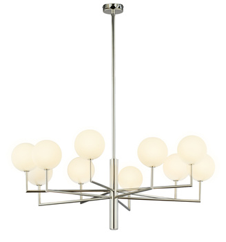 FEME duży nowoczesny żyrandol niklowany 10-punktowy biały klosz 1936