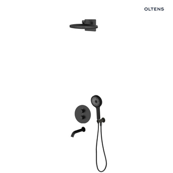 Oltens Katla zestaw bateria wannowo-prysznicowa podtynkowa z deszczownicą Vann i słuchawką 3 funkcyjną Havis EasyClick czarny mat 36065300