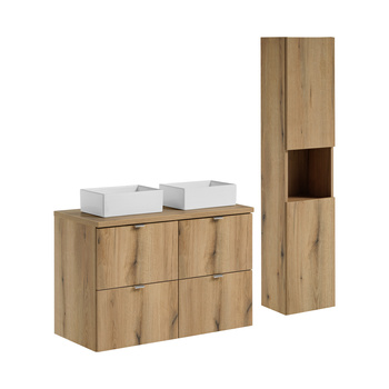 Zestaw mebli łazienkowych Nova Oak 100cm z blatem, 2 umywalkami nablatowymi Gaja i szafką wysoką – set-noa b oak 100cm s un gaja sw hc