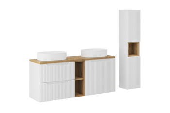 Zestaw mebli łazienkowych Nova White 140cm z blatem, 2 umywalkami nablatowymi Beyond i szafką wysoką – SET-NOW B OAK 140CM UN BEYOND WH HC LR