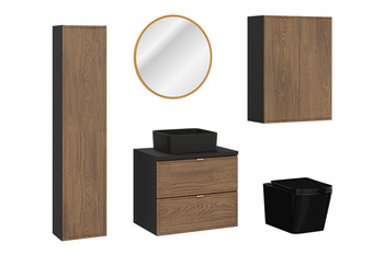 Zestaw mebli łazienkowych Talia Casella 60cm z blatem, umywalką nablatową Slim, szafką wysoką, lustrem LED i misą wiszącą WC – set-tc b black 60cm un slim bl hc