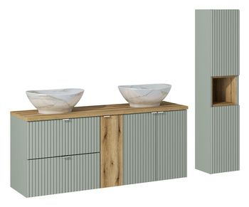 Zestaw mebli łazienkowych Line Reed Green 140cm z blatem, 2 umywalkami nablatowymi Pati i szafką wysoką – SET-LRG B OAK 140CM UN PATI HC