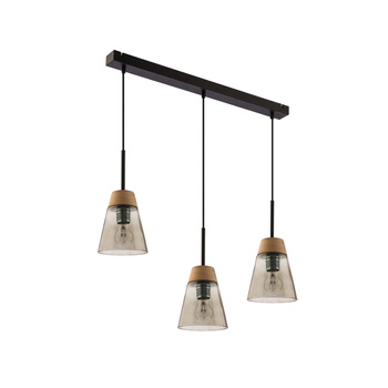 DOMINO nowoczesny zwis 3-punktowy drewno naturalne klosz dymiony 1548