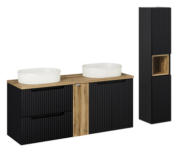 Zestaw mebli łazienkowych Nova Black 140cm z blatem, 2 umywalkami nablatowymi Beyond i szafką wysoką – SET-NOB B OAK 140CM UN BEYOND 5 WH HC