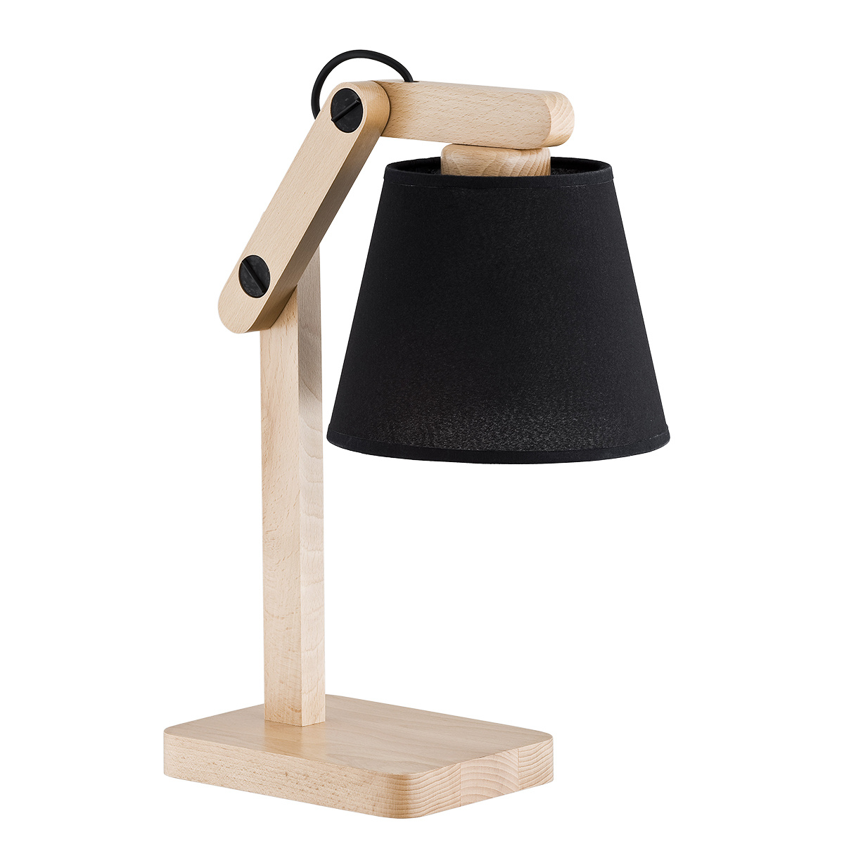 Drewniana lampa nocna stołowa Joga z czarnym abażurem 1xE27
