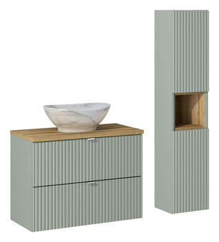 Zestaw mebli łazienkowych Line Reed Green 80cm z blatem, umywalką nablatową Pati i szafką wysoką – SET-LRG B OAK 80CM UN PATI HC