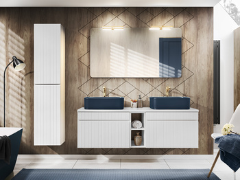 Zestaw mebli łazienkowych Iconic White 140cm z blatem, 2 umywalkami nablatowymi Kama, szafką wysoką i lustrem – SET ICW-B 140 CM KAMA A06