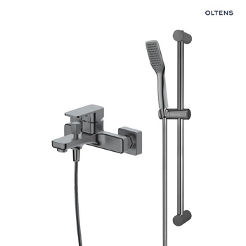 Zestaw Oltens Hadsel bateria wannowo-prysznicowa ścienna z kompletem natryskowym Tinde Alling grafit 36058400