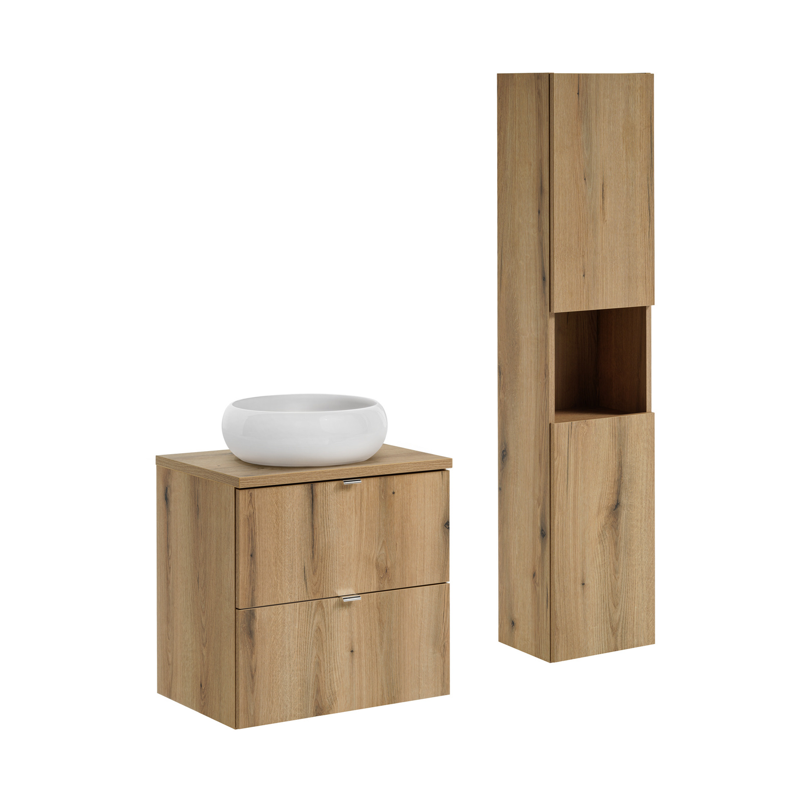Zestaw meblowy 60cm z blatem, umywalką nablatową Wiki i szafką wysoką set-noa b oak 60cm s un wiki sw hc