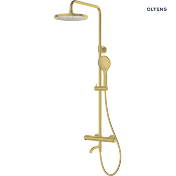 Oltens Vatten Numa zestaw wannowo-prysznicowy ścienny z baterią termostatyczną i deszczownicą złoto szczotkowane 36507810