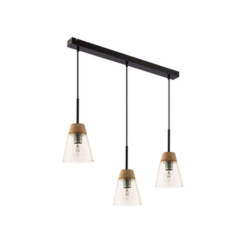 DOMINO nowoczesny zwis 3-punktowy klosz bursztynowy drewno naturalne 1547