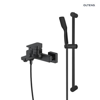 Zestaw Oltens Hadsel bateria wannowo-prysznicowa ścienna z kompletem natryskowym Tinde Alling czarny mat 36058300