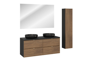 Zestaw mebli łazienkowych Talia Casella 120cm z blatem, 2 umywalkami nablatowymi River, szafką wysoką i lustrem LED – SET-TC B BLACK 120CM UN RIVER BM HC