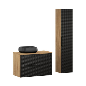 Zestaw mebli łazienkowych Luxor Black 90cm z blatem, umywalką nablatową Nika i szafką wysoką – set-lxbl b 90cm s un nika bl hc1d lc